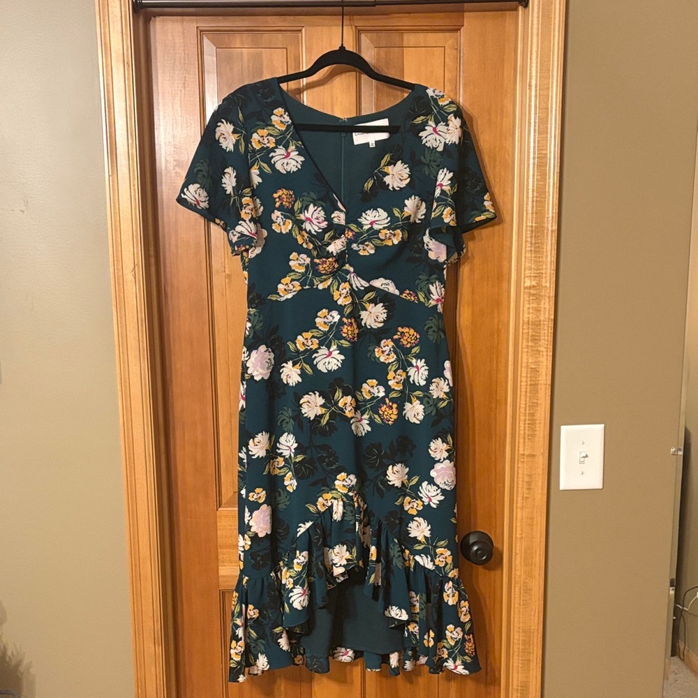 Charles Henry Floral High Low Dress in Green and Pink